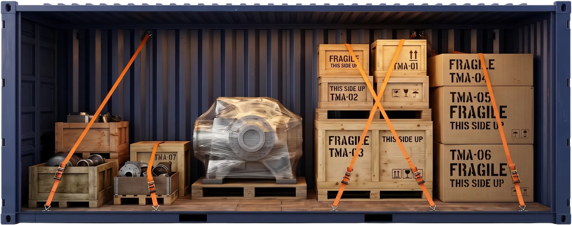 Interior de un contenedor con carga consolidada de varios importadores: cajas y maquinaria aseguradas con correas