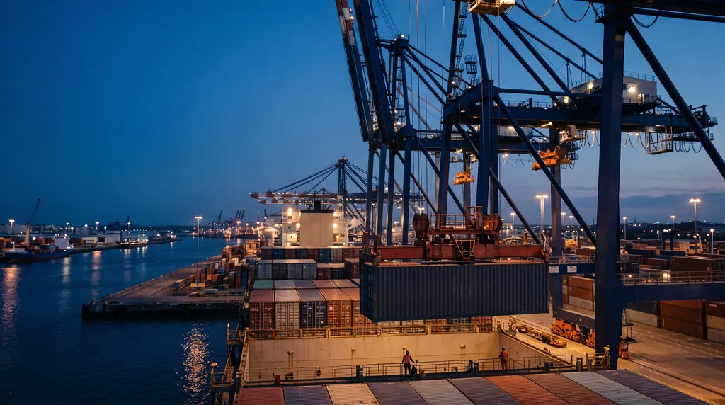 Qué es FOB (Incoterms) Contenedor siendo cargado a bordo de un buque en el puerto de origen, momento en que se transfiere el riesgo en una compra FOB.