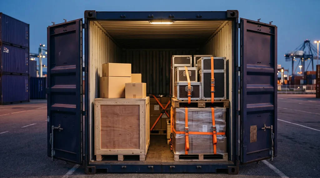 Qué es una consolidadora de carga Pallets de distintos clientes organizados dentro de un contenedor, representando la consolidación de carga LCL.