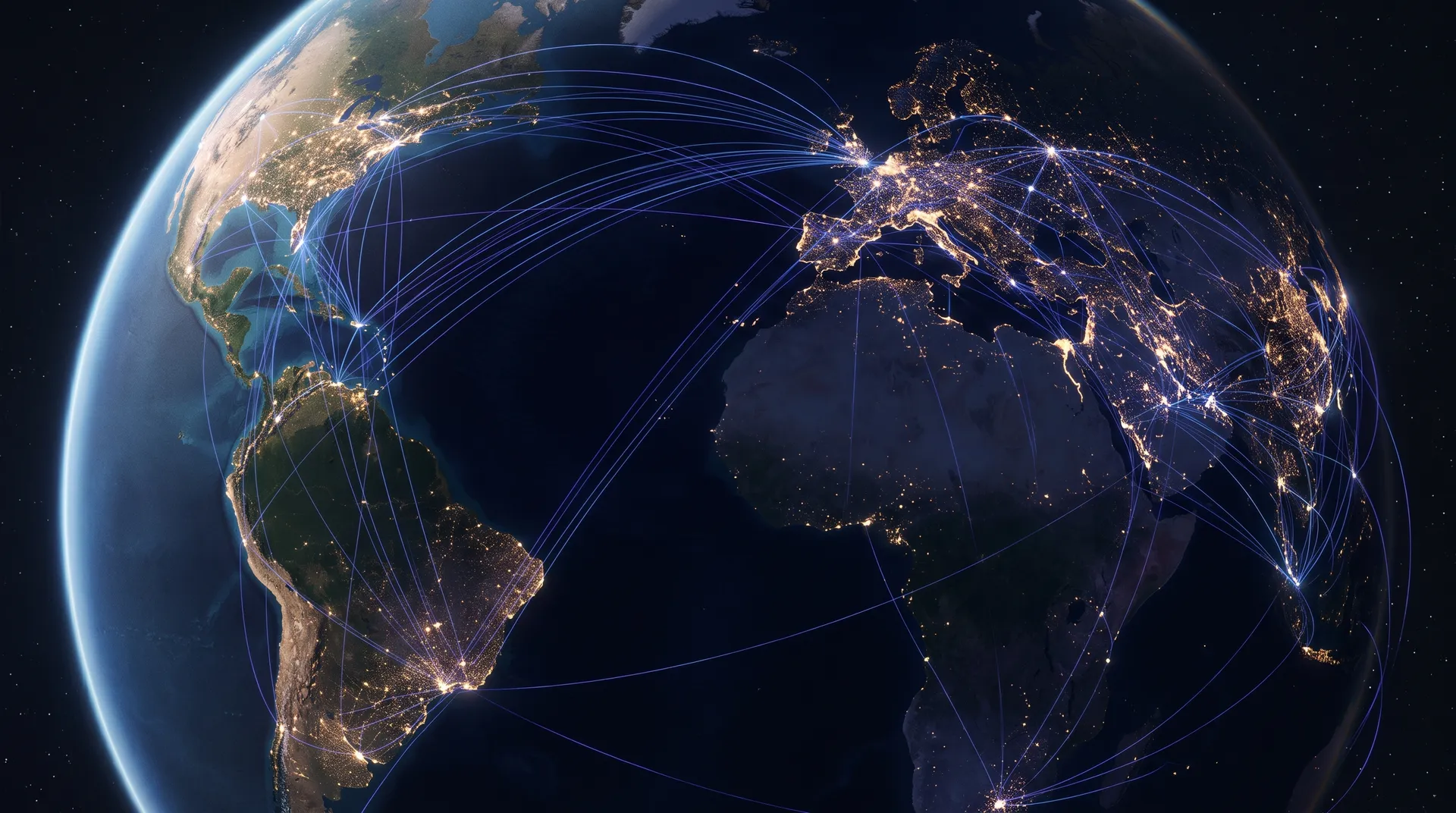 Red de agentes de carga internacional Planeta Tierra con rutas iluminadas que representan la red internacional de agentes de carga de TMAGLOBAL SERVICES