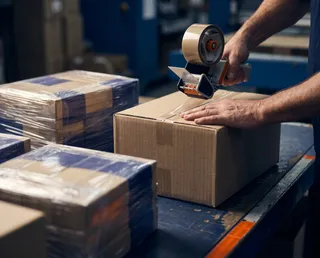 Operario sellando cajas de mercancía preparadas para exportarse desde China