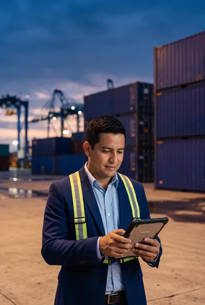 Agencia de aduana en Guayaquil Agente de aduana con chaleco reflectante verificando documentos de importación en una tablet frente a contenedores