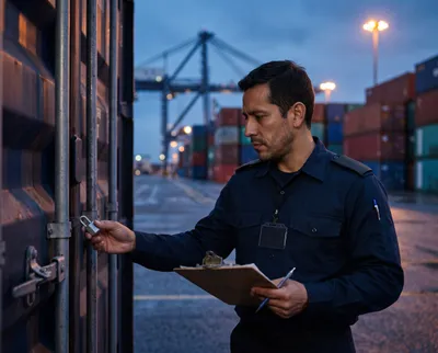 Inspección aduanera de importaciones en Ecuador Funcionario de aduana verificando el sello de seguridad de un contenedor de importación en el puerto de Guayaquil