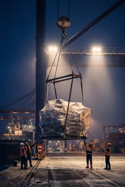 Importar equipos de construcción y carga sobredimensionada Grúa izando carga industrial sobredimensionada mientras operarios coordinan la maniobra en el puerto