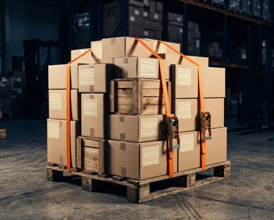 Importar carga suelta consolidada Pallet de carga consolidada con cajas y guacales asegurados con correas