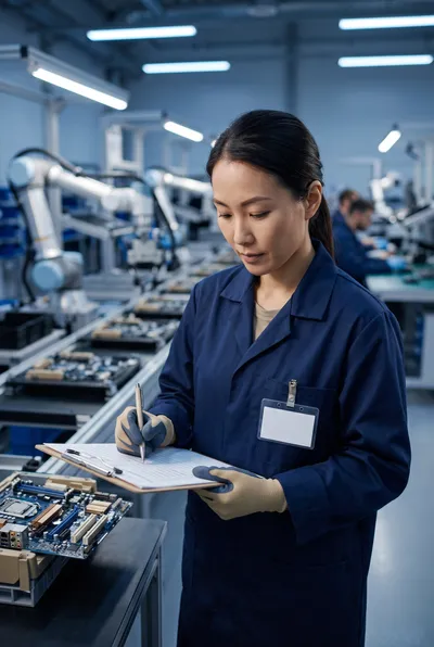 Control de calidad de proveedores en China Inspectora de control de calidad revisando productos electrónicos en la fábrica de un proveedor en China
