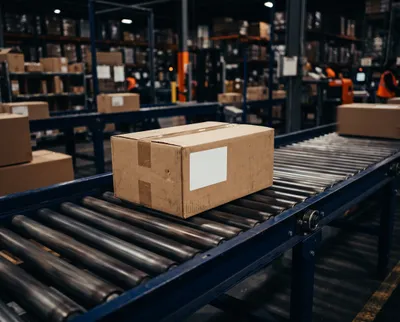 Importar desde España y Europa a Ecuador Caja de mercancía avanzando por una banda transportadora en un centro de distribución