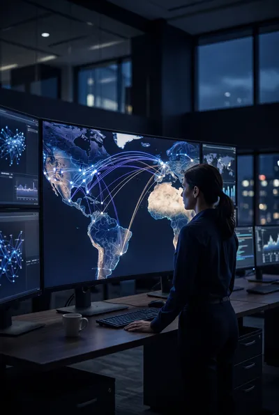 Seguimiento de envíos desde Estados Unidos y Europa Coordinadora logística monitoreando en un mapa digital las rutas de envíos desde Estados Unidos y Europa