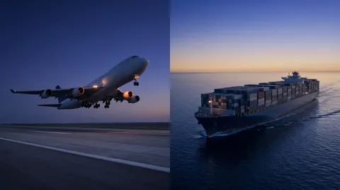 Avión de carga y buque portacontenedores en paralelo, comparando las modalidades de flete aéreo y marítimo.