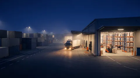 Centro logístico moderno con pallets organizados y un montacargas cargando un contenedor, representando un operador logístico integral.