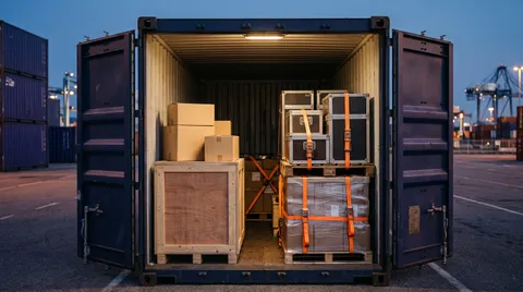 Pallets de distintos clientes organizados dentro de un contenedor, representando la consolidación de carga LCL.