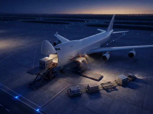 Importación aérea a Ecuador Avión carguero recibiendo pallets de carga en la plataforma del aeropuerto al anochecer