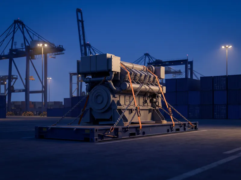 Importar maquinaria pesada a Ecuador Motor industrial de gran tamaño trincado sobre una plataforma en el puerto, listo para su importación a Ecuador