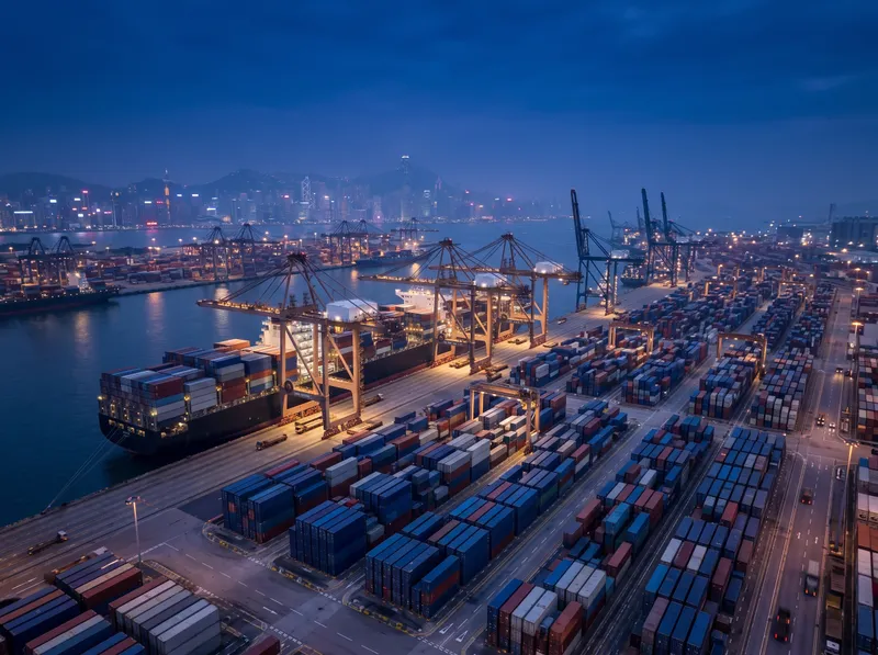 Importar desde China a Ecuador Puerto de contenedores en China de noche, punto de partida de las importaciones hacia Ecuador