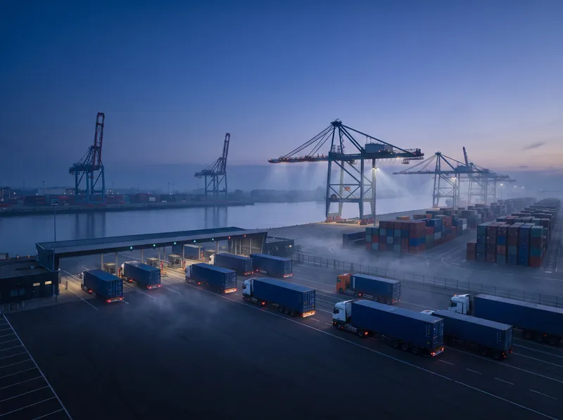 Importar desde Estados Unidos y Europa a Ecuador Terminal portuaria con camiones y contenedores al amanecer, origen de importaciones desde Estados Unidos y Europa