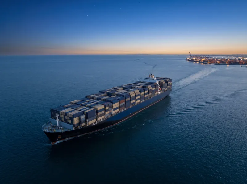 Importación marítima a Ecuador Buque portacontenedores navegando hacia el puerto al atardecer con carga de importación marítima