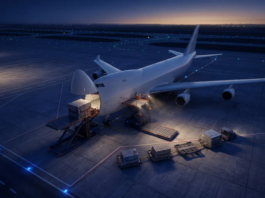 Cotizar flete aéreo a Ecuador Avión carguero recibiendo pallets de carga aérea en la plataforma del aeropuerto